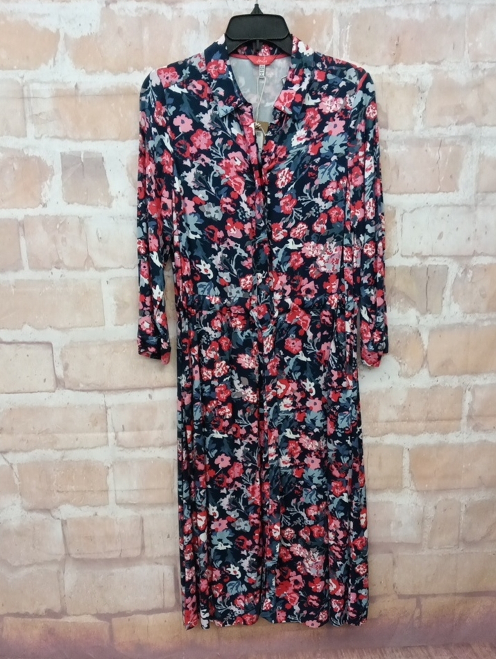 Joules Navy Floral Button-Front Maxi Dress with Pink and Red Blooms